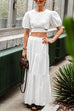 Puff Sleeves Tie Back Crop Top and Tiered Maxi Skirt Set