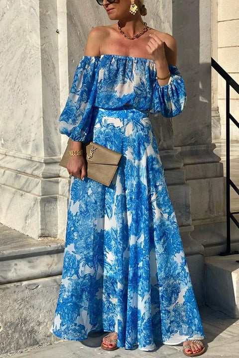 Mixiedress Off Shoulder Lantern Sleeves Printed Flowy Maxi Dress