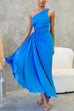 Mixiedress One Shoulder Drawstring Cut Out Waist Pleated Maxi Dress