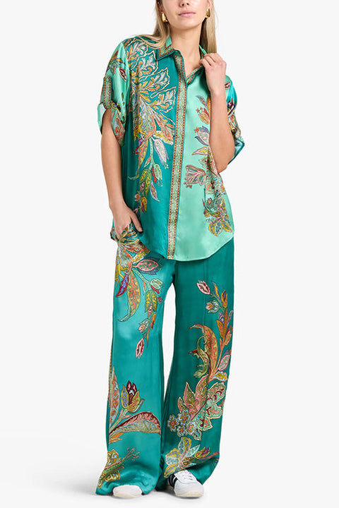 Mixiedress Roll Up Short Sleeves Shirt and Wide Leg Pants Printed Satin Set