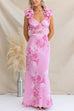 V Neck Backless Lace-up Frill Trim Floral Print Maxi Dress