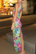 Mixiedress Sleeveless Back Cut Out Slit Tropical Floral Print Maxi Dress