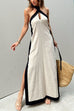 Mixiedress Halter Backless Side Split Color Block Cotton Linen Maxi Dress