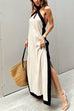 Mixiedress Halter Backless Side Split Color Block Cotton Linen Maxi Dress