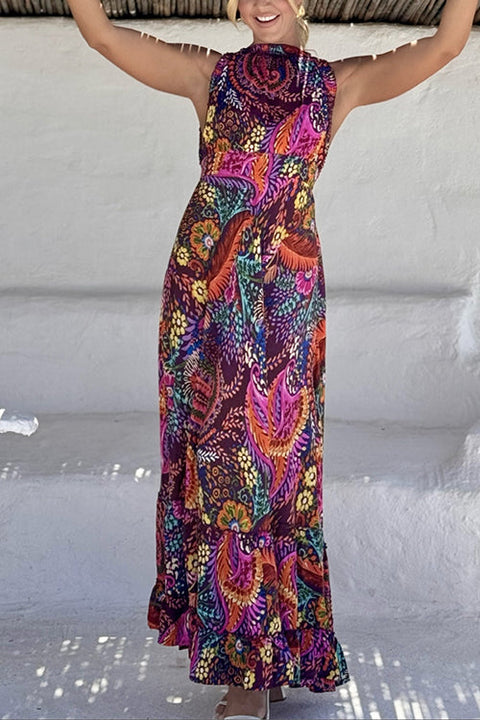 Sleeveless Back Cut Out Unique Print Ruffle Maxi Dress