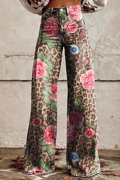 Mixiedress Leopard Floral Print Wide Leg Pocketed Pants