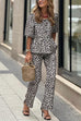 Mixiedress Half Sleeves Button Up Ruffle Shirt and Straight Leg Pants Leopard Set