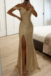 Mixiedress V Neck Cold Shoulder High Slit Sequin Maxi Prom Dresses