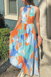 Halter Cut Out Backless Printed Maxi Pleated Dress