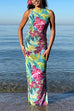 Mixiedress Sleeveless Back Cut Out Slit Tropical Floral Print Maxi Dress