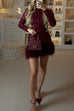 Feather Hem Long Sleeves Sequin Mini Party Dress