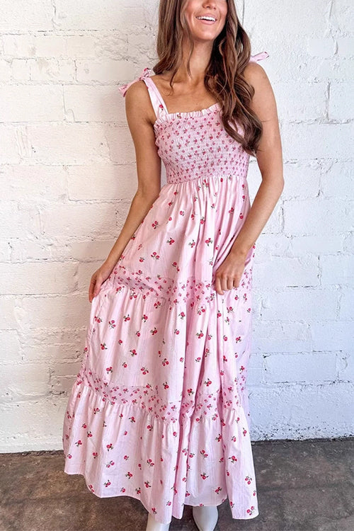 Mixiedress Tie Shoulder Splice Floral Print Ruffle Maxi Cami Dress