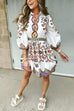 Mixiedress Lantern Sleeves Button Up Waisted Bohemia Print Mini Dress