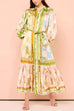 Mixiedress Lantern Sleeves Tie Waist Unique Print Ruffle Maxi Shirt Dress