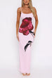 Mixiedress U Neck Spaghetti Strap Rose Print Maxi Bodycon Dress