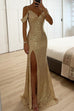 Mixiedress V Neck Cold Shoulder High Slit Sequin Maxi Prom Dresses