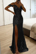 Mixiedress V Neck Cold Shoulder High Slit Sequin Maxi Prom Dresses