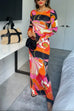 Bell Sleeves Backless Criss Cross Printed Maxi Dress