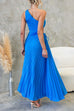 Mixiedress One Shoulder Drawstring Cut Out Waist Pleated Maxi Dress