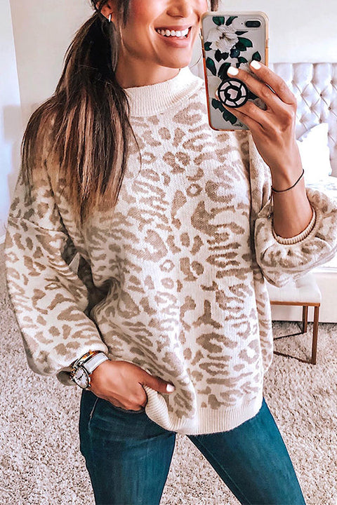 Mixiedress Crewneck Drop Shoulder Leopard Slouchy Sweater