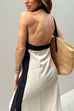 Mixiedress Halter Backless Side Split Color Block Cotton Linen Maxi Dress