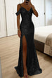 Mixiedress V Neck Cold Shoulder High Slit Sequin Maxi Prom Dresses