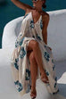 Mixiedress Halter V Neck Open Back Printed Swing Maxi Vacation Dress