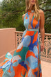 Deep V Neck Halter Backless Printed Maxi Pleated Dress