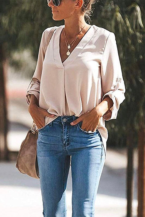 Mixiedress V Neck Roll Up Long Sleeves Blouse Shirt