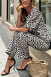 Mixiedress Half Sleeves Button Up Ruffle Shirt and Straight Leg Pants Leopard Set