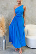 Mixiedress One Shoulder Drawstring Cut Out Waist Pleated Maxi Dress