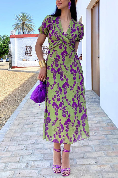 Mixiedress Cross V Neck Balloon Sleeves Printed Midi Dress