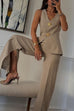 Mixiedress V Neck Button Up Vest Top and Slit Wide Leg Pants Linen Suit Set