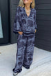 Mixiedress Lapel V Neck Long Sleeves Shirt Wide Leg Pants Printed Casual Set