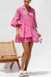 Mixiedress Flare Sleeves Button Down Graffiti Print Ruffle Shirt Dress