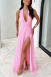 Mixiedress Deep V Neck Halter Tie Knot Backless Slit Maxi Dress