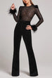 Mixiedress Feather Cuffs Bell Bottom Velvet Splice Jumpsuit