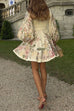 Mixiedress V Neck Lantern Sleeves Floral Print A-line Mini Dress