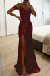 Mixiedress V Neck Cold Shoulder High Slit Sequin Maxi Prom Dresses