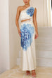 Mixiedress One Shoulder Lace Trim Cut Out Sleeveless Maxi Dress