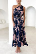 One Shoulder Midnight Leaf Print Flowy Midi Dress