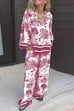 Mixiedress Lapel V Neck Long Sleeves Shirt Wide Leg Pants Printed Casual Set