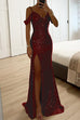 Mixiedress V Neck Cold Shoulder High Slit Sequin Maxi Prom Dresses