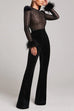 Mixiedress Feather Cuffs Bell Bottom Velvet Splice Jumpsuit