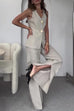 Mixiedress V Neck Button Up Vest Top and Slit Wide Leg Pants Linen Suit Set