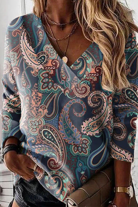 Mixiedress V Neck Long Sleeves Unique Print Top