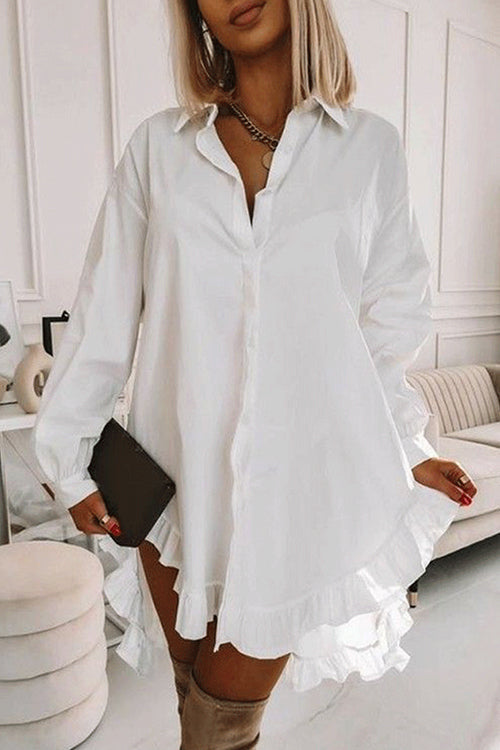 Mixiedress Button Down Long Sleeves Curve Hem Ruffle Shirt