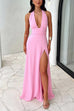 Mixiedress Deep V Neck Halter Tie Knot Backless Slit Maxi Dress