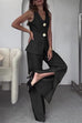 Mixiedress V Neck Button Up Vest Top and Slit Wide Leg Pants Linen Suit Set