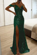 Mixiedress V Neck Cold Shoulder High Slit Sequin Maxi Prom Dresses